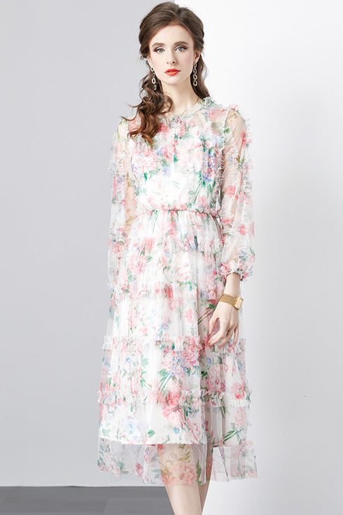 Runway Fashion Mesh Floral Ruffle Trim Terrific Gorgeous Cocktail, Party, Wedding Guest Renaissance Dress